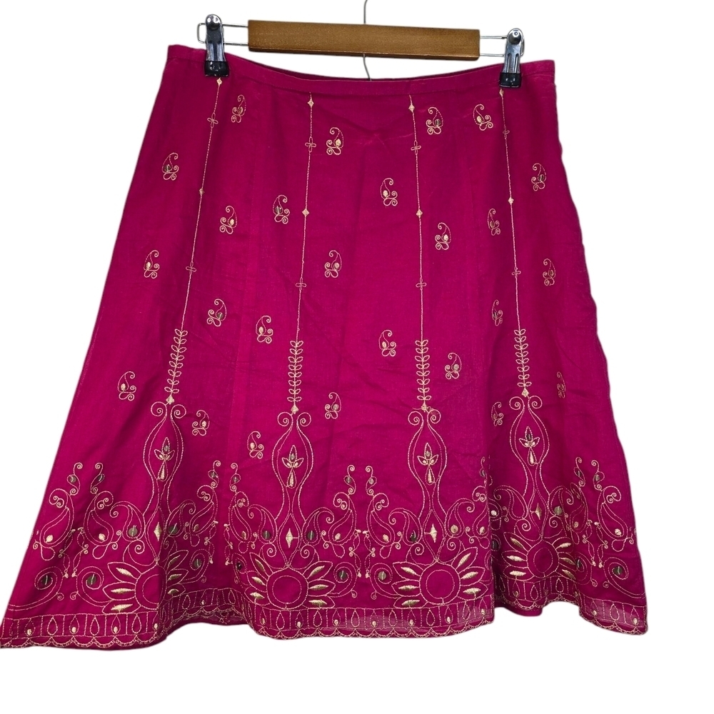 2000's Ann Taylor Petites Pink & Gold Embellished Floral Y2k A-Line Skirt 8P